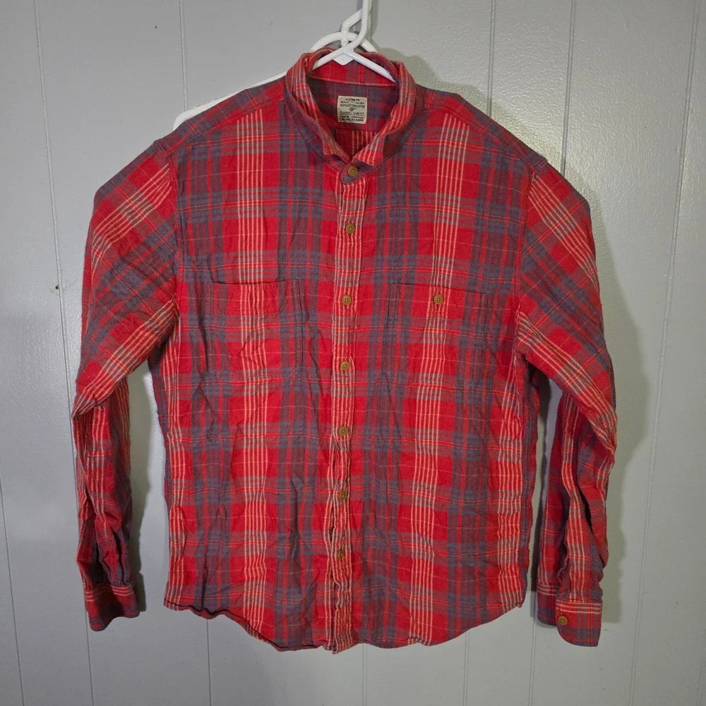 J Crew Flannel Slim Fit Plaid Long Sleeve Button Up Shirt Men's XLarge Red Grey‎